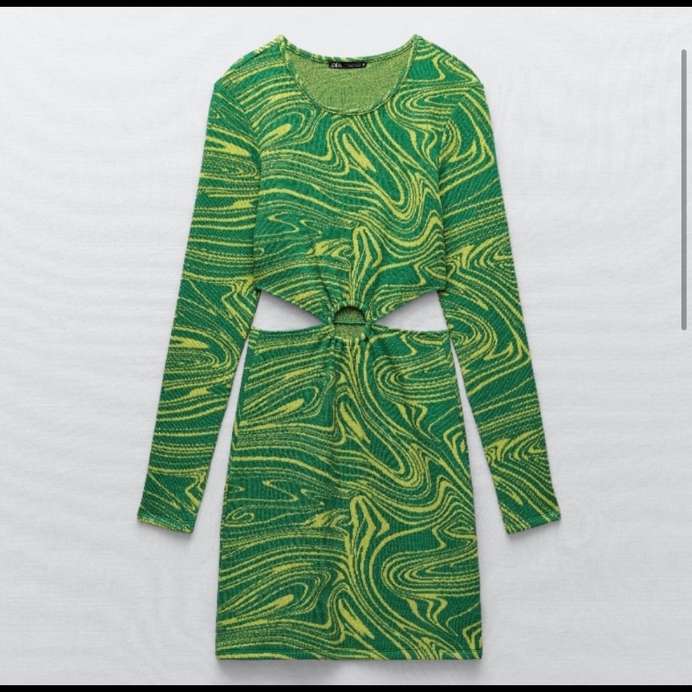 ZARA Green Jacquard Cut Out Mini Dress Sz. S - Picture 2 of 4